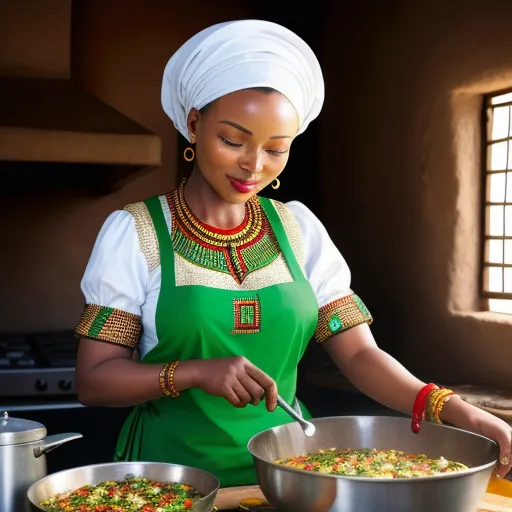 convert photo to 4k - a woman in a green apron cooking food in a pan on a stove top with a wooden table with a pot and pan, by Zanele Muholi