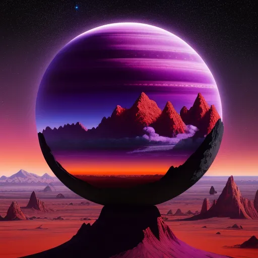 best text to image ai - a planet with mountains and a sky with clouds and stars in the background, with a purple and red hue, by David A. Hardy