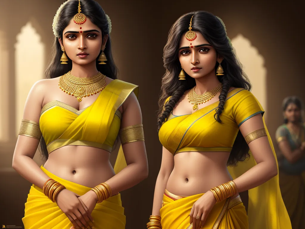 best free ai image generator - a woman in a yellow sari and a woman in a yellow sari are standing next to each other, by Raja Ravi Varma