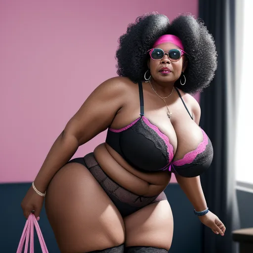 best photo ai software - a woman in a bra and panties holding a pink bag in her hand and a pink wall behind her, by Mickalene Thomas