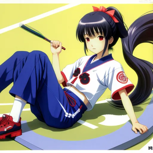 a girl with a baseball bat laying on the ground with her legs crossed and a ponytail in her hair, by Rumiko Takahashi