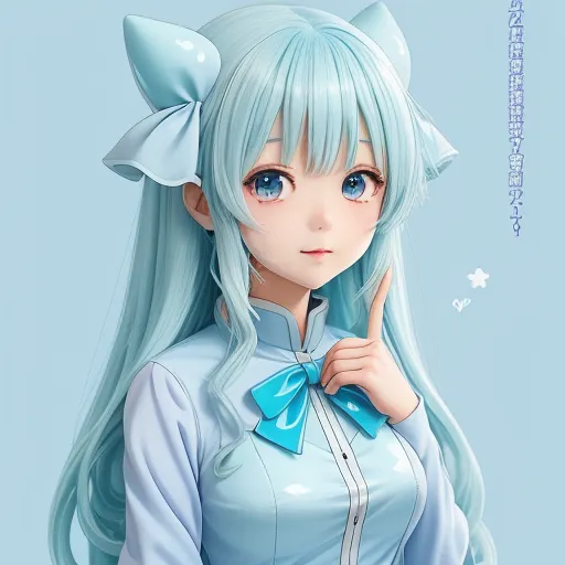 ai image generator dall e - a girl with long blue hair and a bow tie on her head is posing for a picture with a blue background, by Hanabusa Itchō