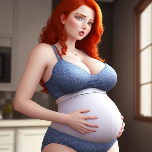 a woman in a blue dress is holding a pregnant belly in a kitchen area with a window behind her, by Hanna-Barbera