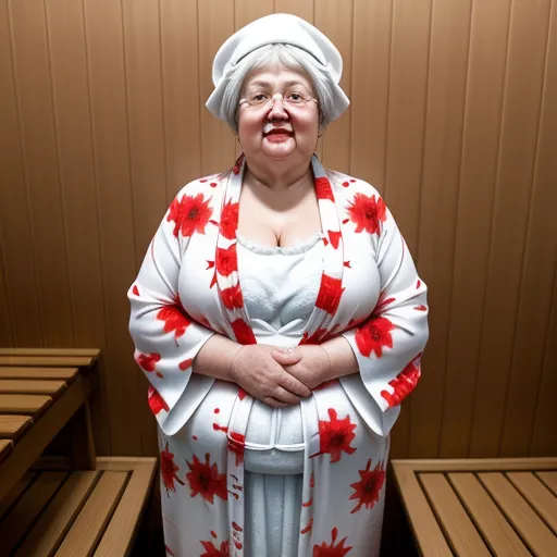 free ai photo enhancer software - a woman in a white and red robe standing in a sauna with her hands on her hips and her eyes closed, by Julie Blackmon