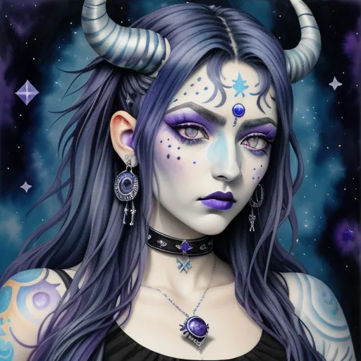 a painting of a woman with horns and blue hair wearing a black dress and a necklace with stars on it, by Tom Bagshaw