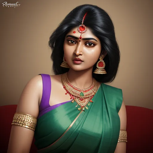 photo coverter - a woman in a green sari with a necklace and earrings on her neck and shoulder, with a brown background, by Raja Ravi Varma