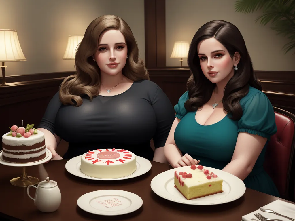 free hd online - two women sitting at a table with a cake and a cup of coffee in front of them, both of them are holding a slice of cake, by Botero