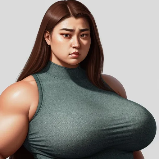 a woman with a large breast wearing a green top and a black belted top with a large breast, by Terada Katsuya