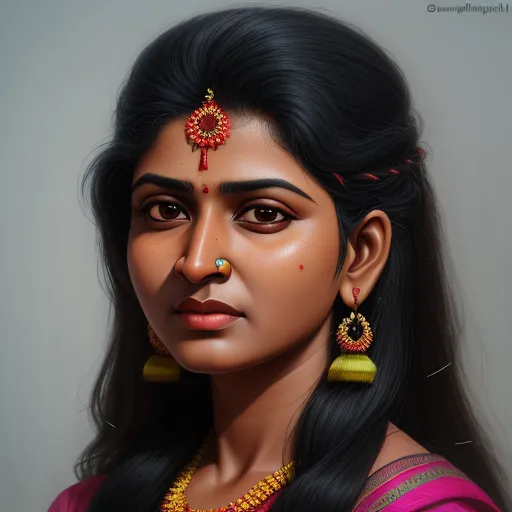 turn a picture into high resolution - a painting of a woman with a nose ring and earrings on her head and a necklace on her neck, by Raja Ravi Varma