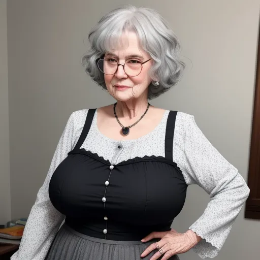 turn image into hd - a woman with grey hair and glasses posing for a picture in a black and white top and gray skirt, by Chris Ware