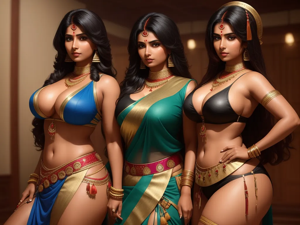 hd photo online - three beautiful women in indian costumes posing for a picture together in a room with lights on the ceiling and a wall, by Raja Ravi Varma