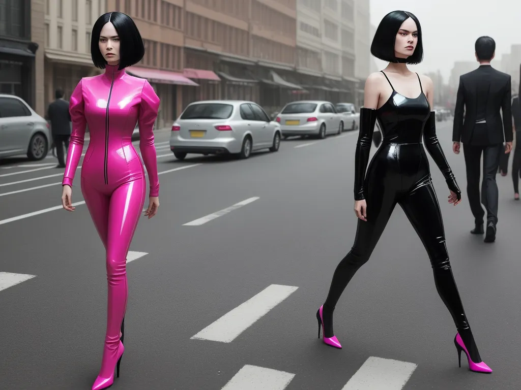 two women in catsuits are walking down the street in a city with cars and pedestrians in the background, by Terada Katsuya