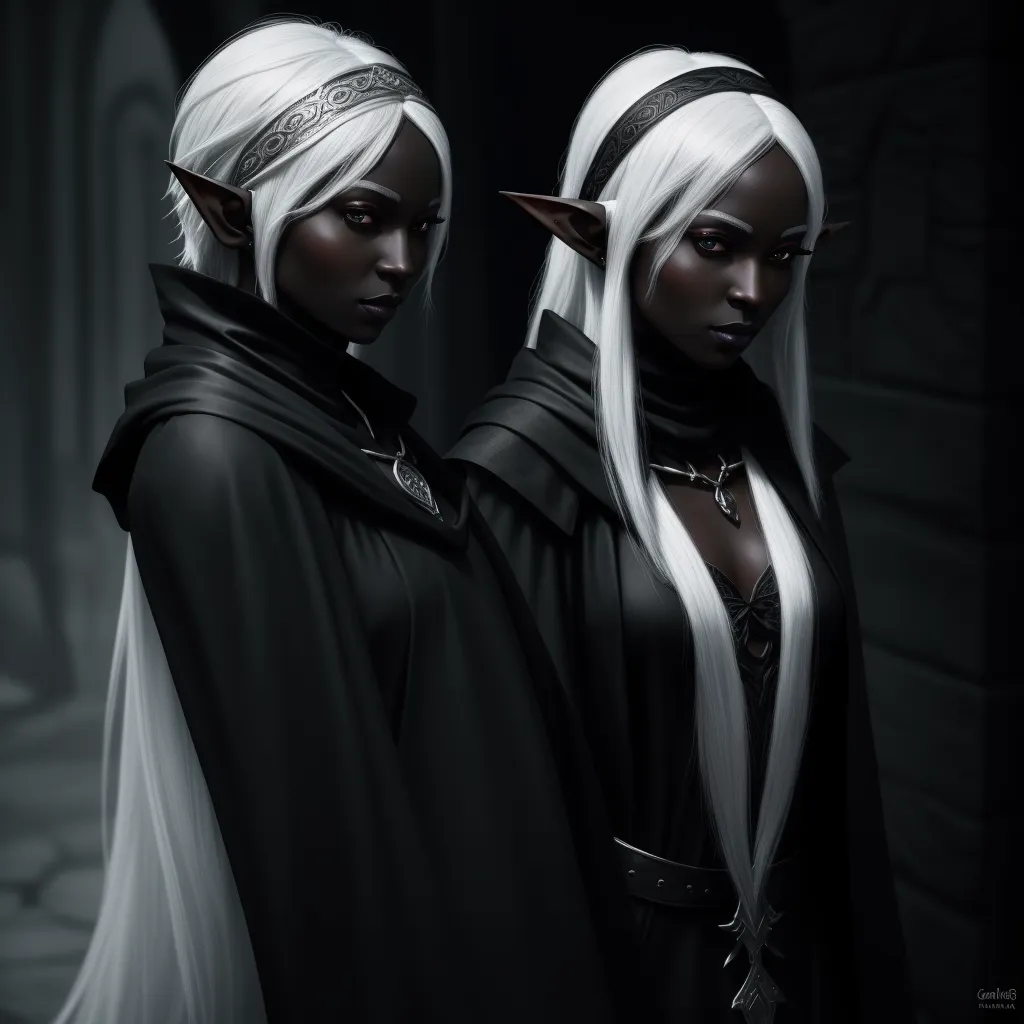 word to image generator - two women dressed in black and white are standing together in a dark room with a black background and a black background, by Daniela Uhlig