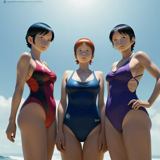 three women in swimsuits standing on the beach in front of the ocean and sky, with the sun shining, by Satoshi Kon