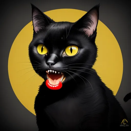 a black cat with yellow eyes and a red collar with a yellow moon in the background with a yellow and black background, by Daniela Uhlig
