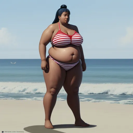 ai that generate images - a woman in a bikini standing on a beach next to the ocean with a large belly and a large belly, by Terada Katsuya