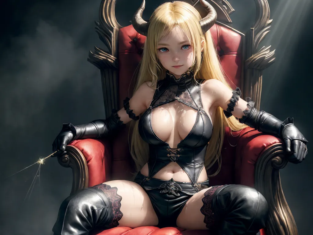 a woman in a leather outfit sitting on a throne with horns on her head and hands on her hips, by Hanabusa Itchō