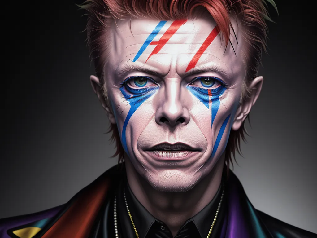 a man with a red, white and blue face painted on his face and a tie around his neck, by David Bowie