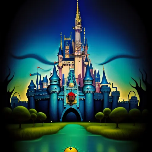 a painting of a castle with a yellow ball in front of it and a yellow ball in front of it, by Craola