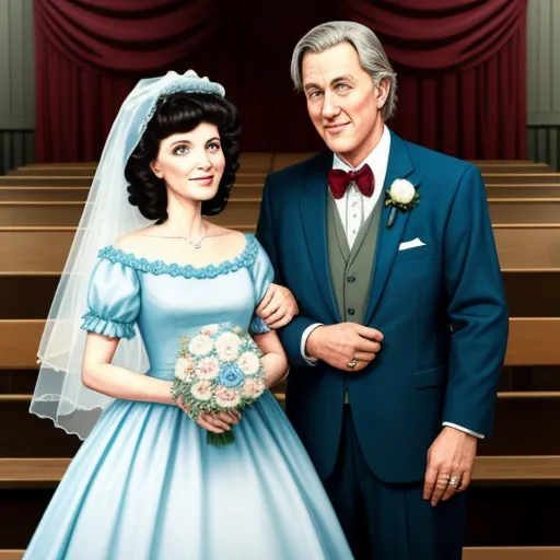 a painting of a man and woman in wedding attire standing in front of a church pews with a red curtain, by Mark Ryden