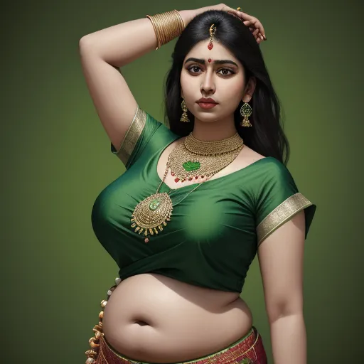 a woman in a green sari with a gold necklace and a green blouse on her belly and a green background, by Raja Ravi Varma