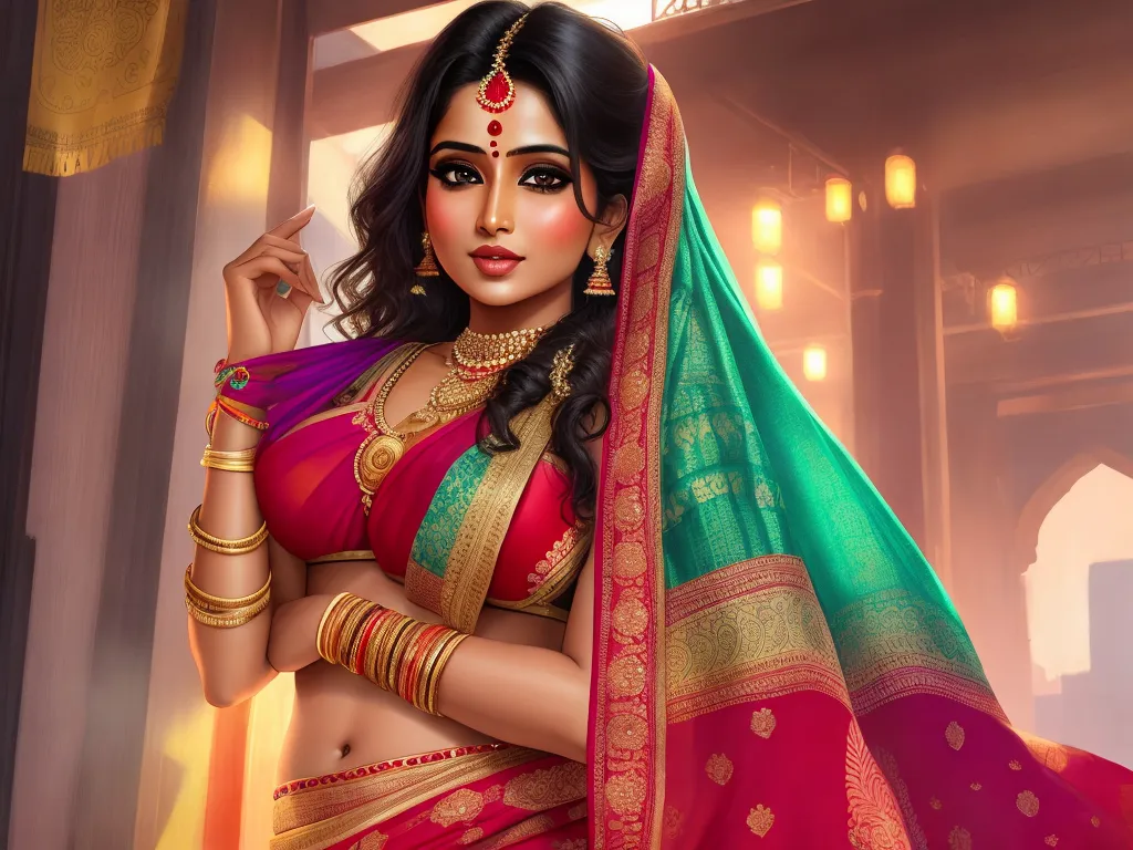 make any photo hd - a woman in a red and green sari with a green and gold shawl on her head and a red and green sari on her shoulder, by Raja Ravi Varma