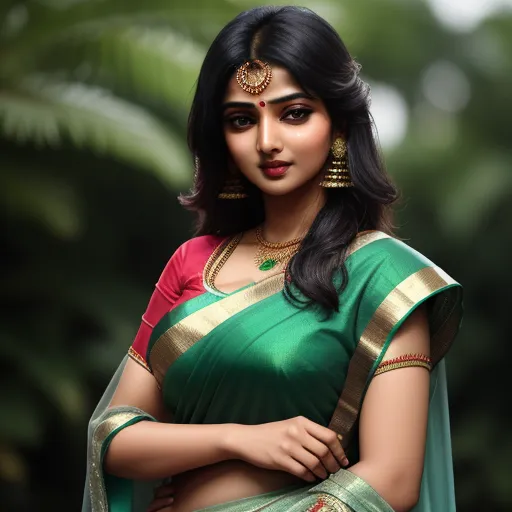 free ai photo - a woman in a green and gold sari with a green blouse and gold jewelry on her neck and shoulder, by Raja Ravi Varma