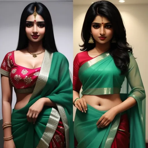 4k photos converter - two women in sari outfits, one in a red and green sari and the other in a green and red sari, by Hendrik van Steenwijk I