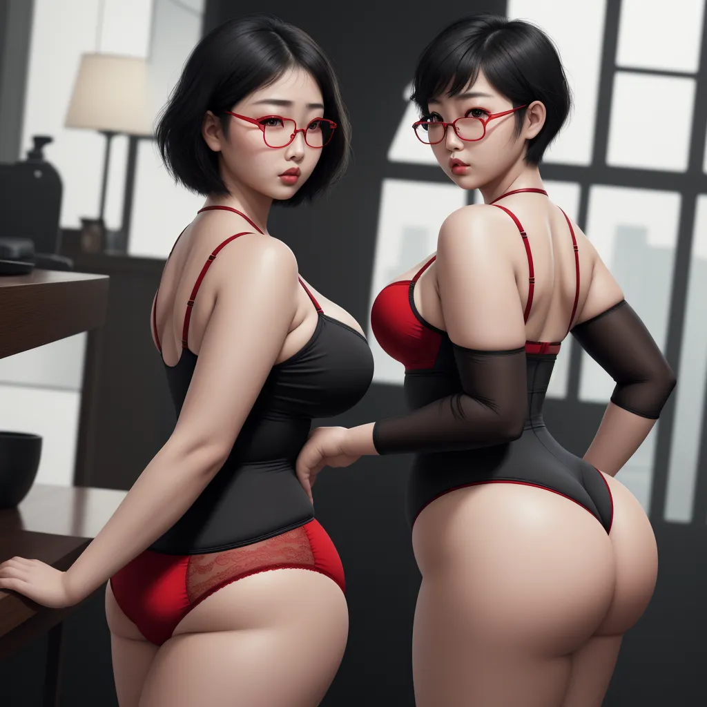 two women in lingerie standing next to each other in front of a desk with a lamp on it, by Terada Katsuya