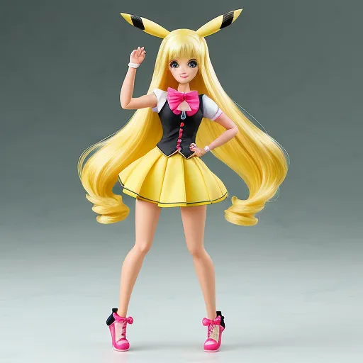 a doll with long blonde hair and a pink bow is posed in a yellow dress and pink shoes with a black and white collar, by Ken Sugimori