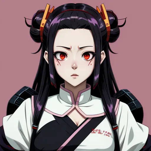 ai text image generator - a woman with long hair and red eyes wearing a white shirt and black pants with horns on her head, by Chen Daofu