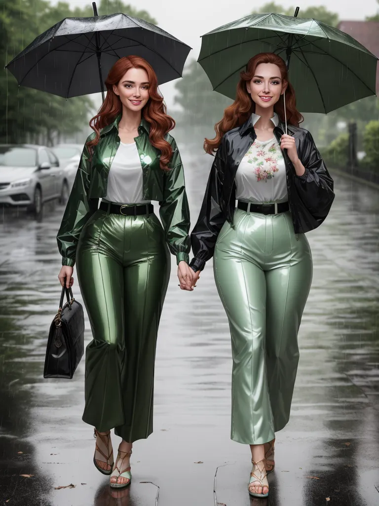 ai based photo editor - two women in shiny green outfits holding umbrellas in the rain, one of them is holding a purse, by Hendrik van Steenwijk I