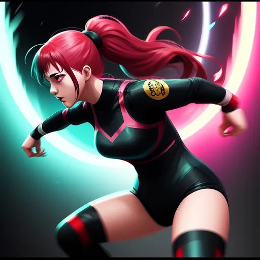 a woman in a black uniform is running with a pink background and a circular light behind her and a circular light behind her, by Lois van Baarle