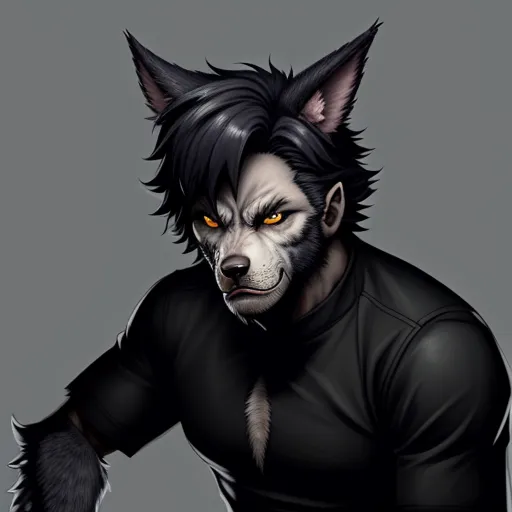 a wolf with a black shirt and yellow eyes is shown in this picture, with a gray background and a gray background, by NHK Animation