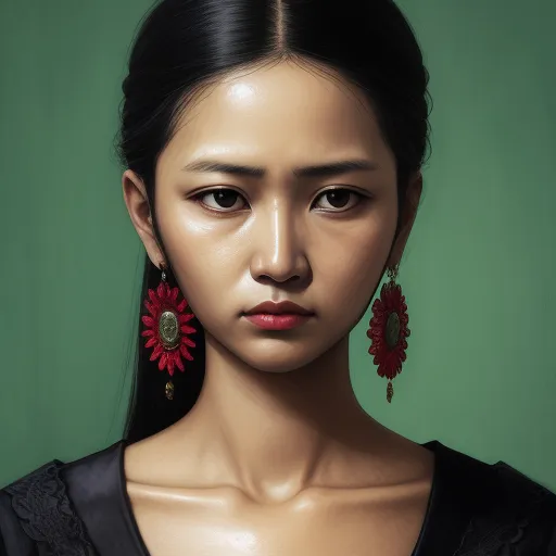 a painting of a woman with a red flower in her earrings and a green background with a green wall, by Chen Daofu