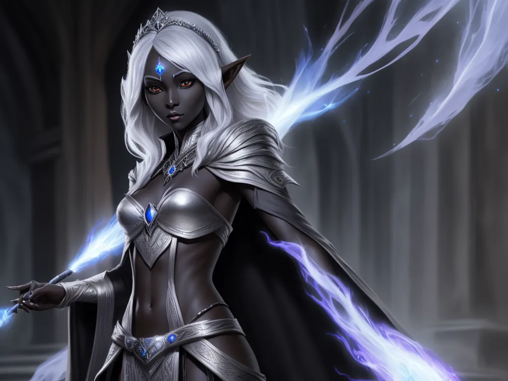 ai images: 1 solo female drow elf scholar, black skin,