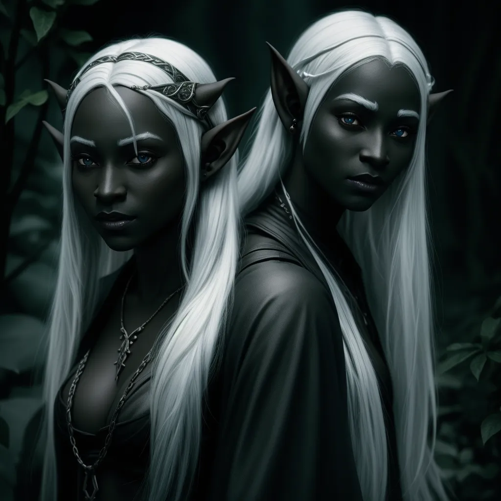 change image resolution online - two women with white hair and white hair are standing in the woods together, one of them is wearing a white wig, by Daniela Uhlig