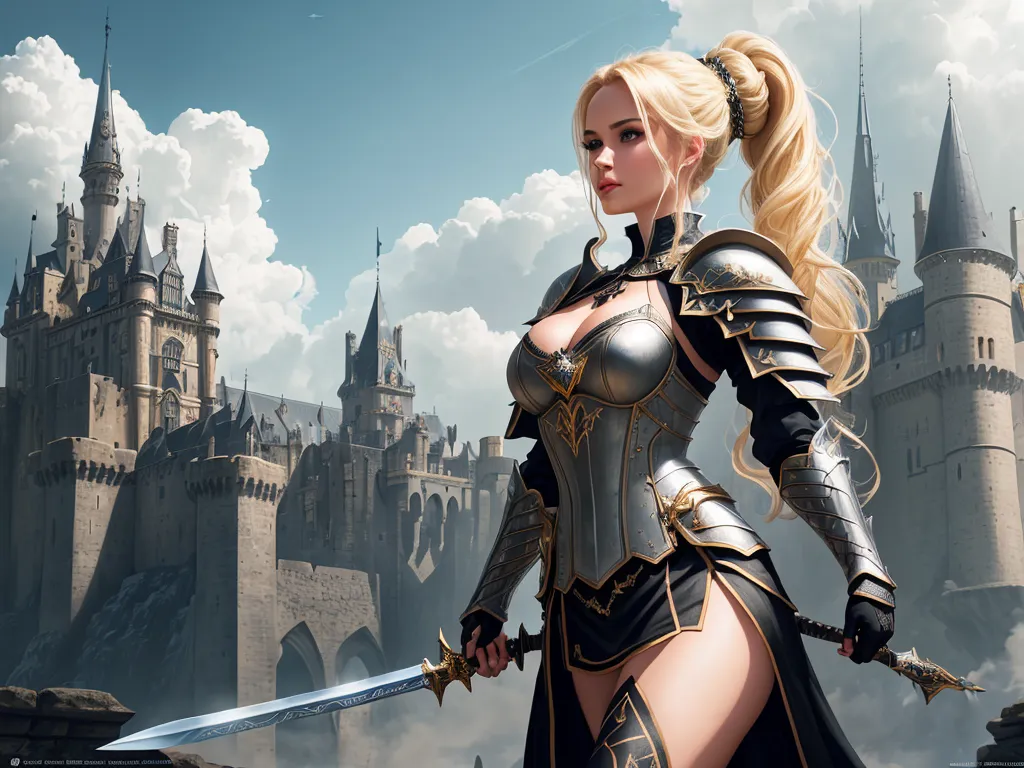 best photo ai enhancer - a woman in a costume holding a sword in front of a castle with a castle in the background and clouds in the sky, by Heinrich Danioth