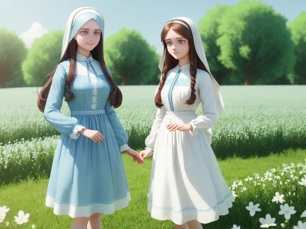 text ai image generator - two animated women in dresses standing in a field of flowers and grass with trees in the background and a blue sky, by Studio Ghibli