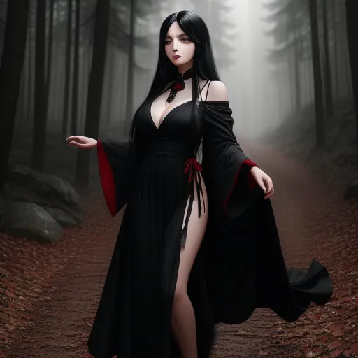 ai image generators - a woman in a black dress is walking through a forest with a red cape on her head and a red cloak on her shoulder, by Sailor Moon