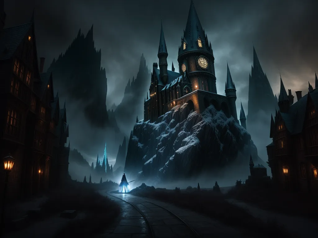 ai that generates images - a dark castle with a clock tower on top of it at night time with fog and fog rolling in, by John Martin
