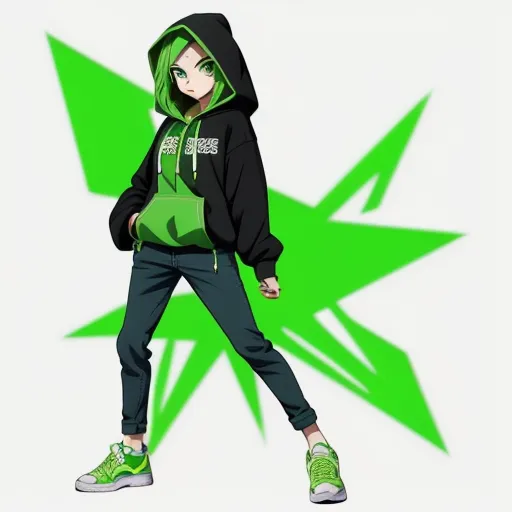 free high resolution images - a person in a green hoodie and black pants with a green star on the background of a green star, by theCHAMBA