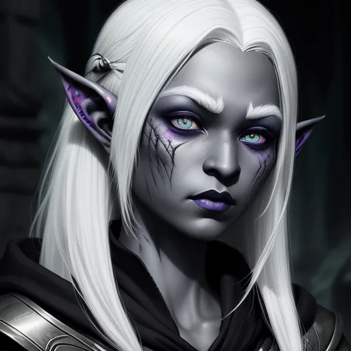 a woman with white hair and blue eyes wearing a white wig and a black outfit with horns and horns, by Daniela Uhlig