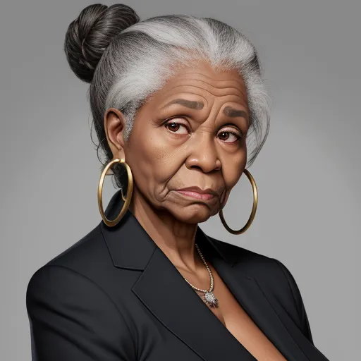 nsfw ai image generator - an older woman with a large hoop earrings on her ear and a black jacket on her shoulders, with a gray background, by Daniela Uhlig