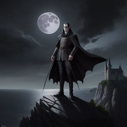 a man in a cape standing on a cliff with a full moon in the background and a castle in the distance, by Heinrich Danioth