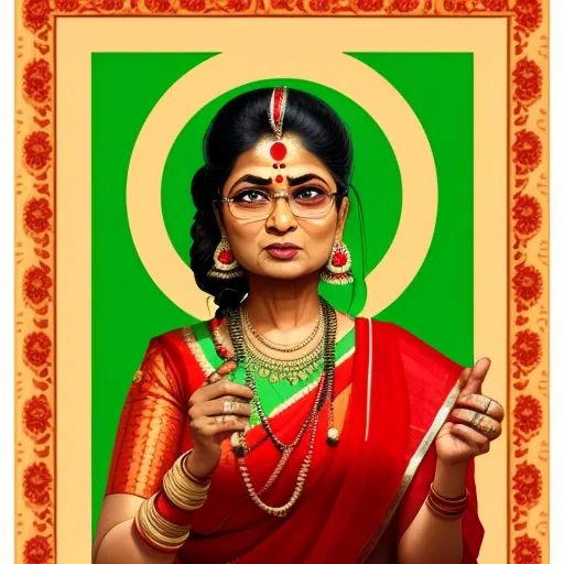 a woman in a red sari holding a cigarette and a green background with a gold frame around her, by Raja Ravi Varma