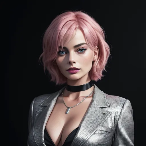 how to fix low resolution pictures on phone - a woman with pink hair wearing a silver suit and choker necklace with a black background and a black background, by François Quesnel
