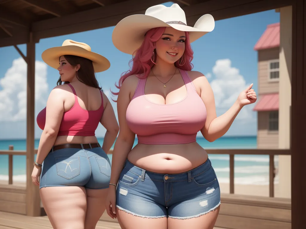 two women in cowboy hats and bikinis walking on a boardwalk near the ocean and a beach house on a sunny day, by Terada Katsuya