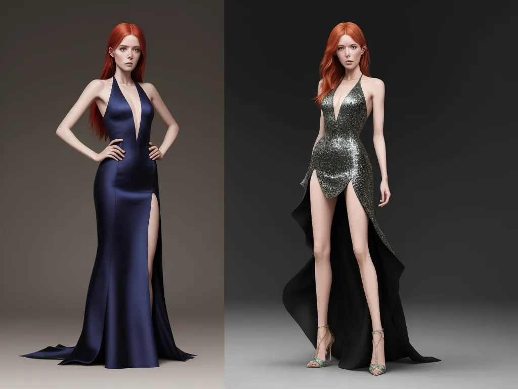 image ai generator from text - two different dresses with high slits and high slits on the sides of them, one in a black and one in a blue, by Hanna-Barbera