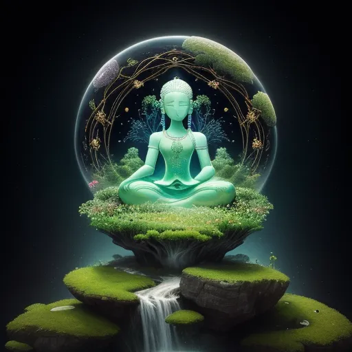 a buddha statue sitting on top of a green island with a waterfall in the middle of it and a moon in the background, by Mike Winkelmann (Beeple)